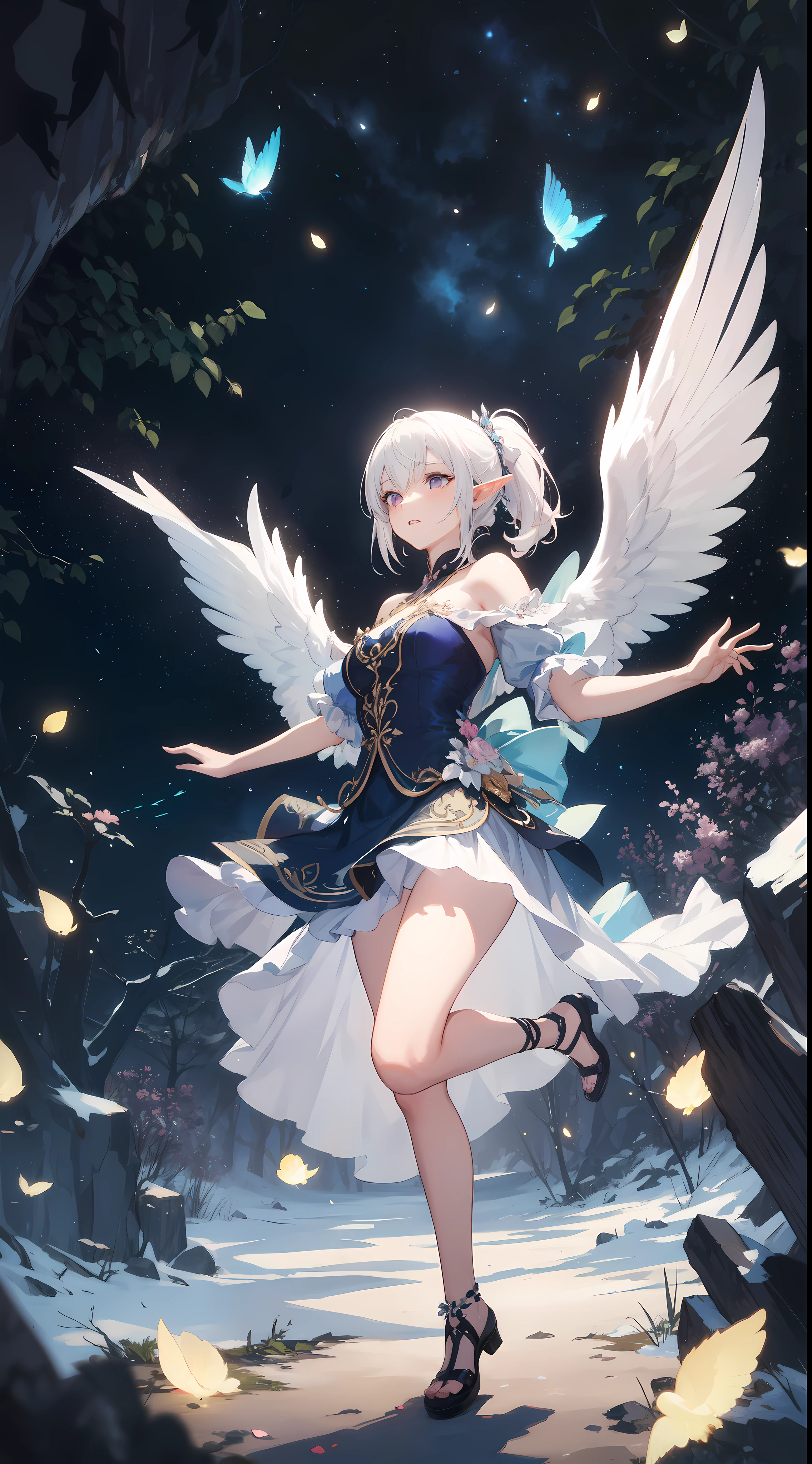 ((masterpiece, best quality)), official art, unity 8k wallpaper, ultra detailed, In a realm of enchantment, within a magical forest, A mysterious angel elf girl appears, a radiant being adorned in gossamer threads of moonlight. Her skirt, woven from petals and stardust, shimmers with an iridescent glow, reflecting the celestial canopy above. Flowering trees々As she flutters her wings in the midst of sparkling fireflies, the air resonates with the ethereal symphony of nature's whispers, Creating a place where dreams and reality are intertwined,Dances that form pure charm,Mo size,Full body photo,中景 the scene is the most beautiful form of chaos, elegant, a brutalist designed, vivid colours, romanticism, by Artgerm, Wadim kashin, Kawacy, BREAK, highly detailed of (elf), (1girl), perfect face,details eye, short hair, low ponytail, Blunt bangs, (hair between eye), white hair, violet eyes, BREAK, eyelashes, eyeshadow, pink eyeshadow,