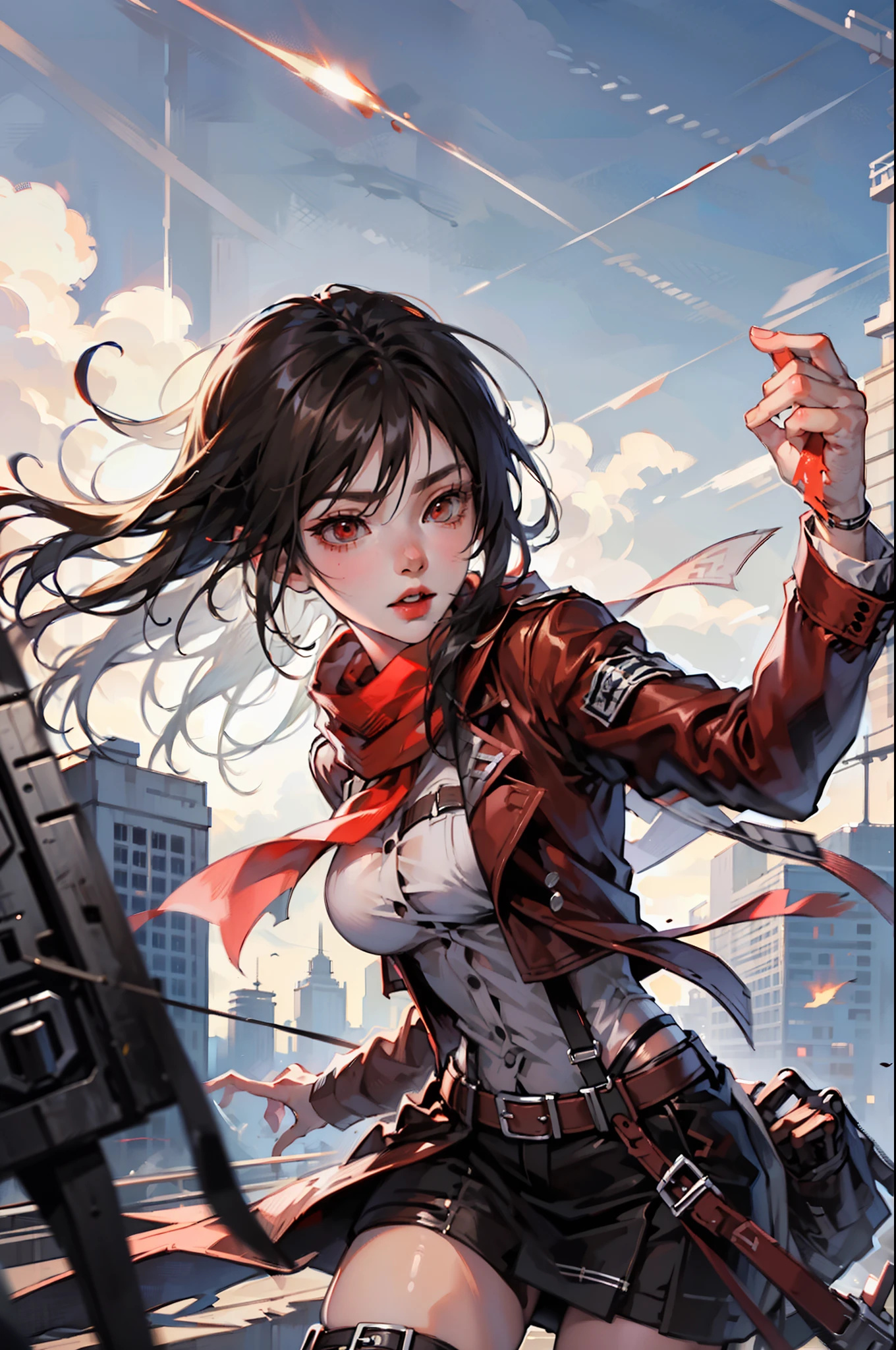 gpO\，Best quality at best，1girll，mikasa_ackerman，red neckchief，Skysky，gloomily，Fighting posture，action art，aiming at enemy，The face is full of murder，Insidious gangutyric acid，arma，Minimalist，Impact art，废墟，