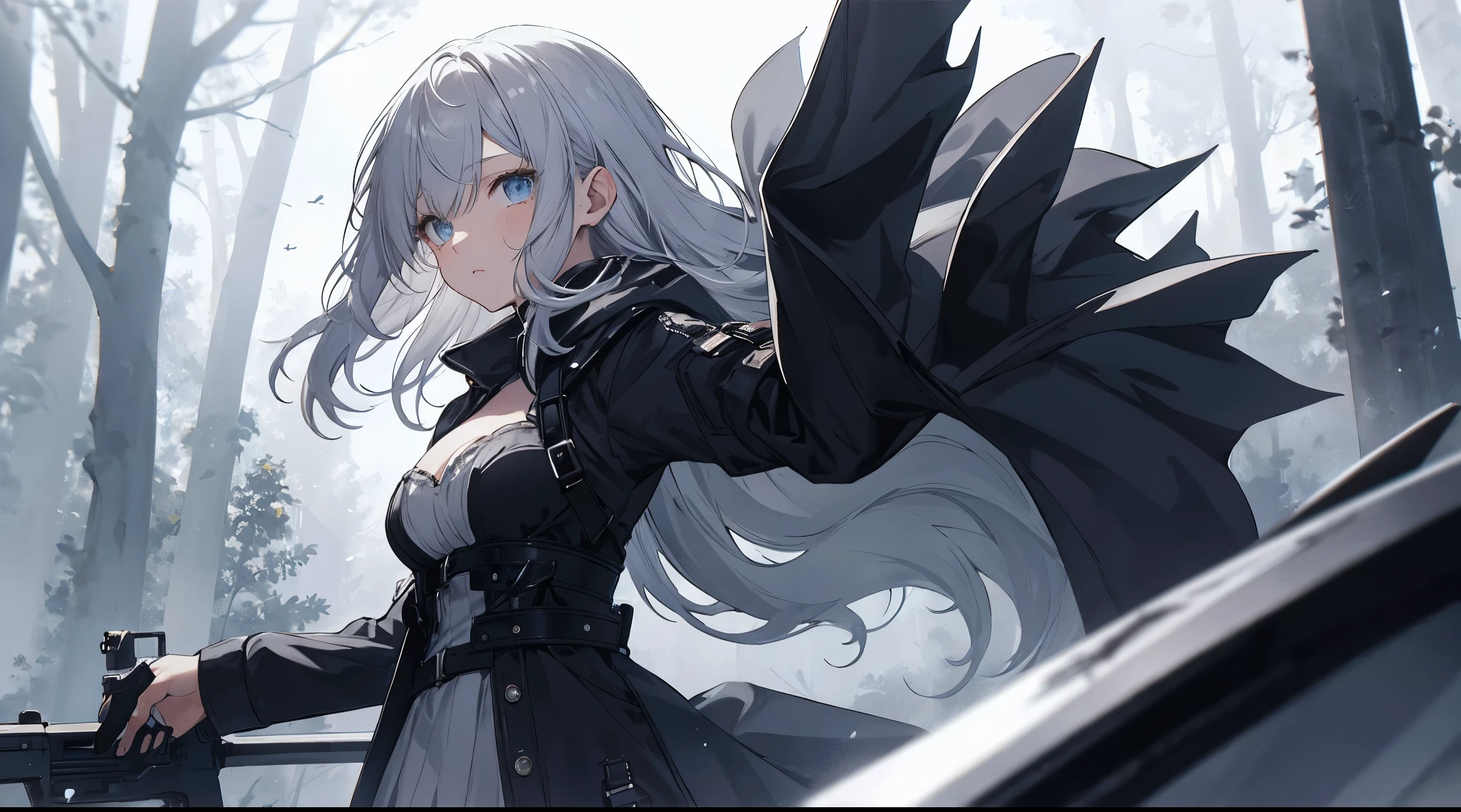 （（tmasterpiece：1.4, Best quality at best））+, （hyper-detailing）+, （delicate blue eyes：1.5）+, （Detailed ears：1.5）, （cute girls）, （Tight white silk：1.5）, Tight white silk, Long hair details，no headwear，（Black hood：1.2）, pale-skinned, （brown cloth：1.5）, （Black Martin boots：1.4）, towering trees，Surrounded by huge black trees,shrouded in thick fog， Construction machinery，huge black crystal，sea level，Flying dust，black flag，Respiratory maskeachside，（Wanderers：1.1）, （dawn light：1.2）, ）, （closeup cleavage：1.1）, the only person, bright gray hair, Gloom (Expressing the), from the front side, from below, Best quality at best, A high resolution, high detal, high high quality, 16k