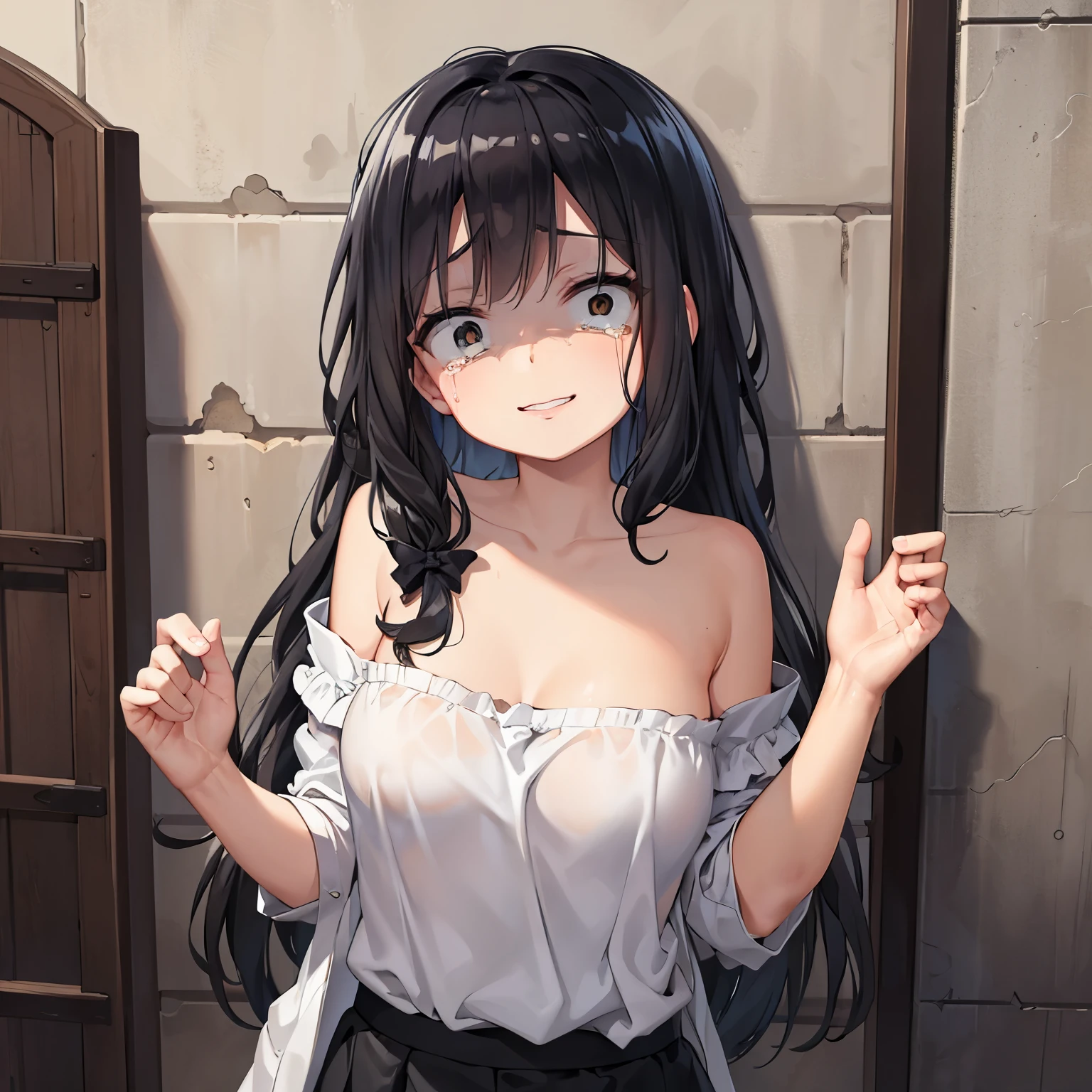 (masterpiece:1.5), (best quality:1.2),(famous artist:1.2),(official art:0.5),from adove, (Top quality:1.2),(high resolution:1.2),1girl,solo,clothes reflecting light,,oppai loliAK,(black hair:1.6),loli faclf naked ,smile,long hair, Dungeon, fear, fear, terror, despair,trars, tears