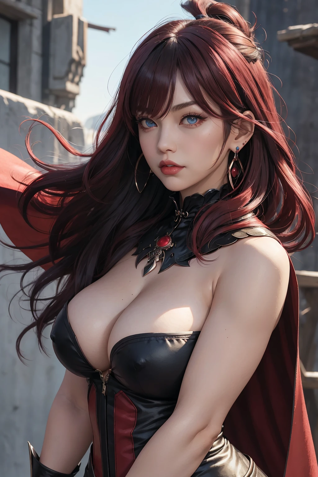 masutepiece, Best Quality, 1womanl , Older, Solo, highlights red black hair, Brilliant Aqua Eyes (Left), brilliant red eyes (Right), Medium hair with fringe, Looking at Viewer, Cape, High quality metal texture, Closed mouth, full-body view, Bangs, High collar, (nffsw:0.6), Fantasy aesthetics, Fantasy Earrings, Highly detailed, thicc body, huge-breasted, large Areola, Hard nipple, smirking face, top vegan chest:1.8), (Areola:1.5), (Ahoge:1.3), (thicc body:1.2), (Areola:1.3), (muscular:1.2), (Fingers:1.0)