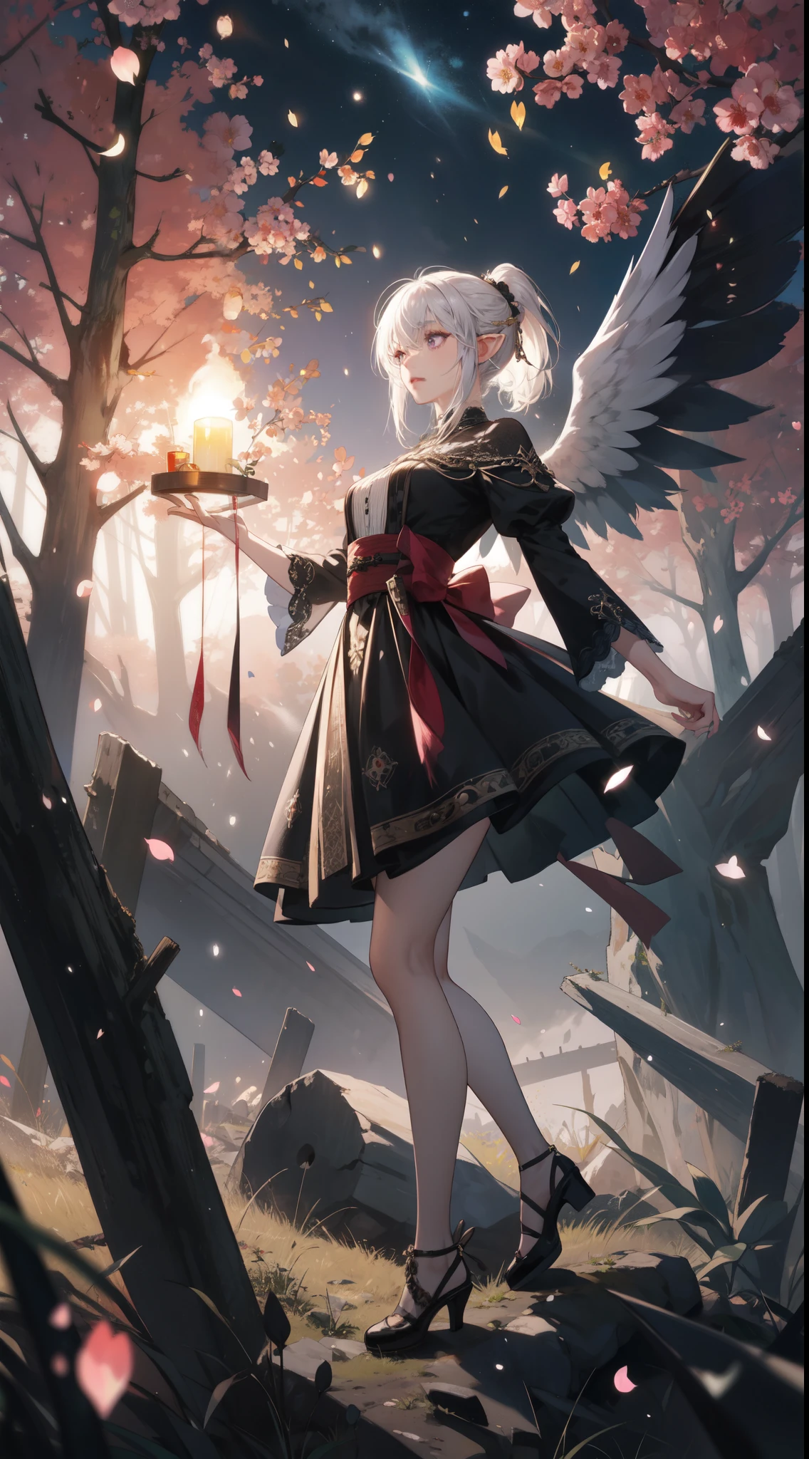 ((masterpiece, best quality)), official art, unity 8k wallpaper, ultra detailed, In a realm of enchantment, within a magical forest, A mysterious angel elf girl appears, a radiant being adorned in gossamer threads of moonlight. Her skirt, woven from petals and stardust, shimmers with an iridescent glow, reflecting the celestial canopy above. Flowering trees々As she flutters her wings in the midst of sparkling fireflies, the air resonates with the ethereal symphony of nature's whispers, Creating a place where dreams and reality are intertwined，Dances that form pure charm，Mo size，Full body photo，中景 the scene is the most beautiful form of chaos, elegant, a brutalist designed, vivid colours, romanticism, by Artgerm, Wadim kashin, Kawacy, BREAK, highly detailed of (elf), (1girl), perfect face,details eye, short hair, low ponytail, Blunt bangs, (hair between eye), white hair, violet eyes, BREAK, eyelashes, eyeshadow, pink eyeshadow,