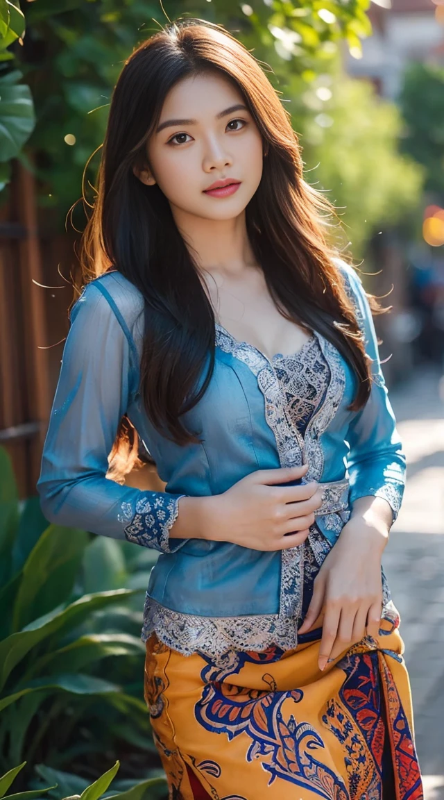 1 Indonesian-Dutch girl, 20 years old, long fashion hair, fit body, small cleavage, skintight blue lace kebaya transparan, batik skirt, masterpiece, highly detailed, ultra hd, 8k, detailed face, bright eyes, perfect eyes, detailed skin texture, detailed lips, sexy lips, perfect hands, dynamic angle, cowboy shot, NSFW nudity, big breach