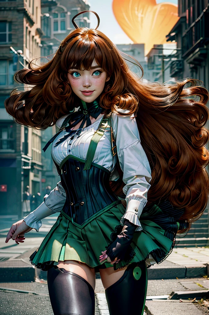 tunning girlfriend, (standing:1.1), dynamic pose, heart shaped face, elegant face, beautiful face, highly detailed face, highly detailed skin, skin pores, subsurface scattering, realistic pupils, loving smile, looking at viewer, full face blush, full lips, detailed background, depth of field, atmospheric perspective, volumetric lighting, sharp focus, absurdres, realistic proportions, good anatomy, (realistic, hyperrealistic:1.4), 16k hdr, pennymk2, green eyes, black bow, (power symbol:1.2), black ribbon, black thighhighs, mechanical legs, smile, long hair, white blouse, suspender skirt, corset, orange hair, 8k wallpaper