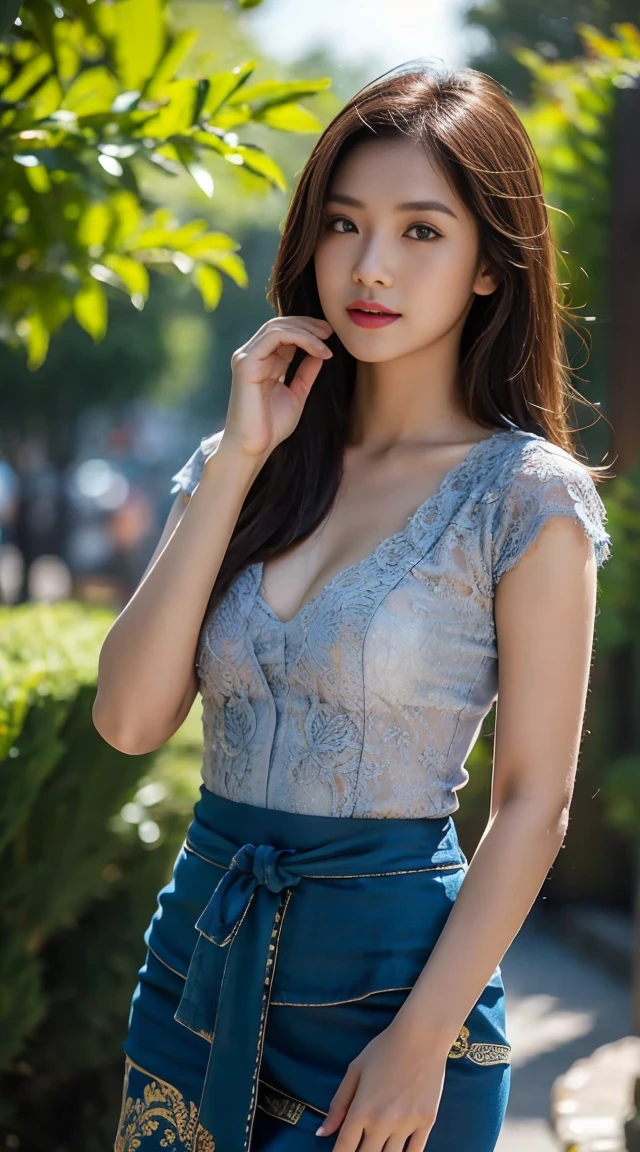 1 Indonesian-Dutch girl, 20 years old, long fashion hair, fit body, small cleavage, skintight blue lace kebaya tranparan, batik skirt, masterpiece, highly detailed, ultra hd, 8k, detailed face, bright eyes, perfect eyes, detailed skin texture, detailed lips, sexy lips, perfect hands, dynamic angle, cowboy shot, NSFW nudity, big breast