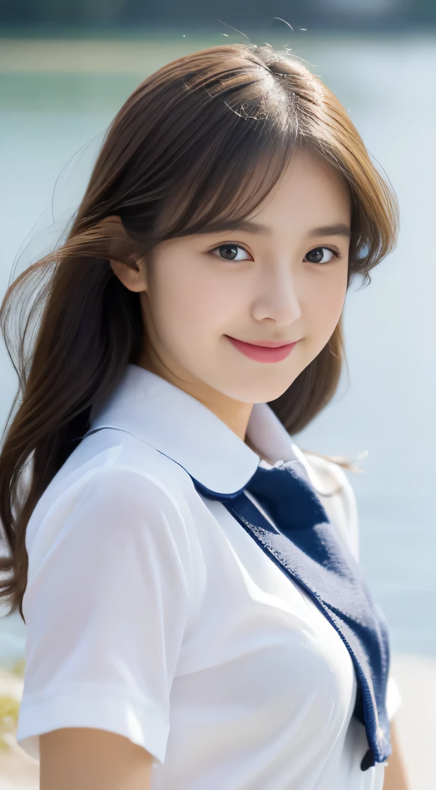 (((32ｋ,high detal,high-detail、​masterpiece,Attention to detail,full body Esbian,独奏))),Raw photo & realistic atmosphere,beautiful dark blue eyes,Detailed mouth,Glossy lips,Detailed eyebrows,Eyes drawn in detail with soft white skin that shines with every detail、Very beautiful eyes with azure eyes,Detailed lips、Very beautiful face,Very well-formed face、Lifelike face,shiny beautiful lips,Beautiful eyebrows,Infinite reality,Japan High School Uniform Best Design, Realistic Young Gravure Idol,Very cute high school girl, , japanese girl school uniform, Japanese high school  girl , Young gravure idols, Young Gravure Idol, Beautiful and cute１5 year old schoolgirl,the whole body is wet,dripping落ちる,with a flushed face,Tremendously beautiful１5-year-old girl,natural soft light、The body is dripping wet,Sheer clothing,Brown shiny hair,Hair is wet,Dripping water,dripping（Don't wear skirts,bare-legged,,Wet and see-through white short sleeve shirt,summer clothing,Beautiful kind eyes,Looking at the camera：1.3）,(((youthfulness,Beautiful smooth legs,Exposed thighs,Gentle smile,small shapely breasts,Immature body,Sexy Uniforms,short-cut,The chest is open))),（Shot from the air,From directly above,photographed,Facing up,Lie on your back and float on the water,Look up,Spread your arms and legs,lying on your back with a large body,Sleep soundly on your back,Body floating on the surface of the water,Beautiful breasts coming out of the water：1.5）