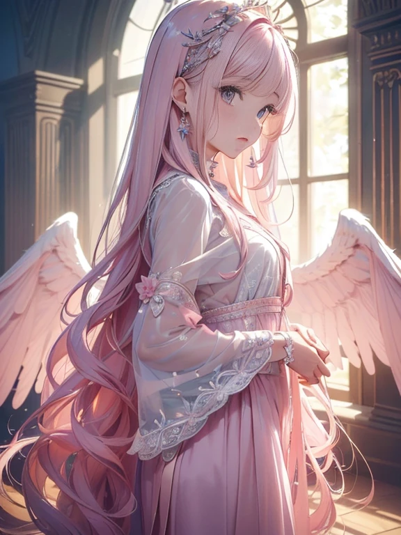"(A beautiful masterpiece with impeccable quality and ultra-detailed visuals, Filmed in high resolution 4K. The focus is、In the eyes of a girl'Beautiful and intricate details. she has long hair that cascades down her body、There are wings behind my back. Angels theme.)"、(((light pink long hair)))