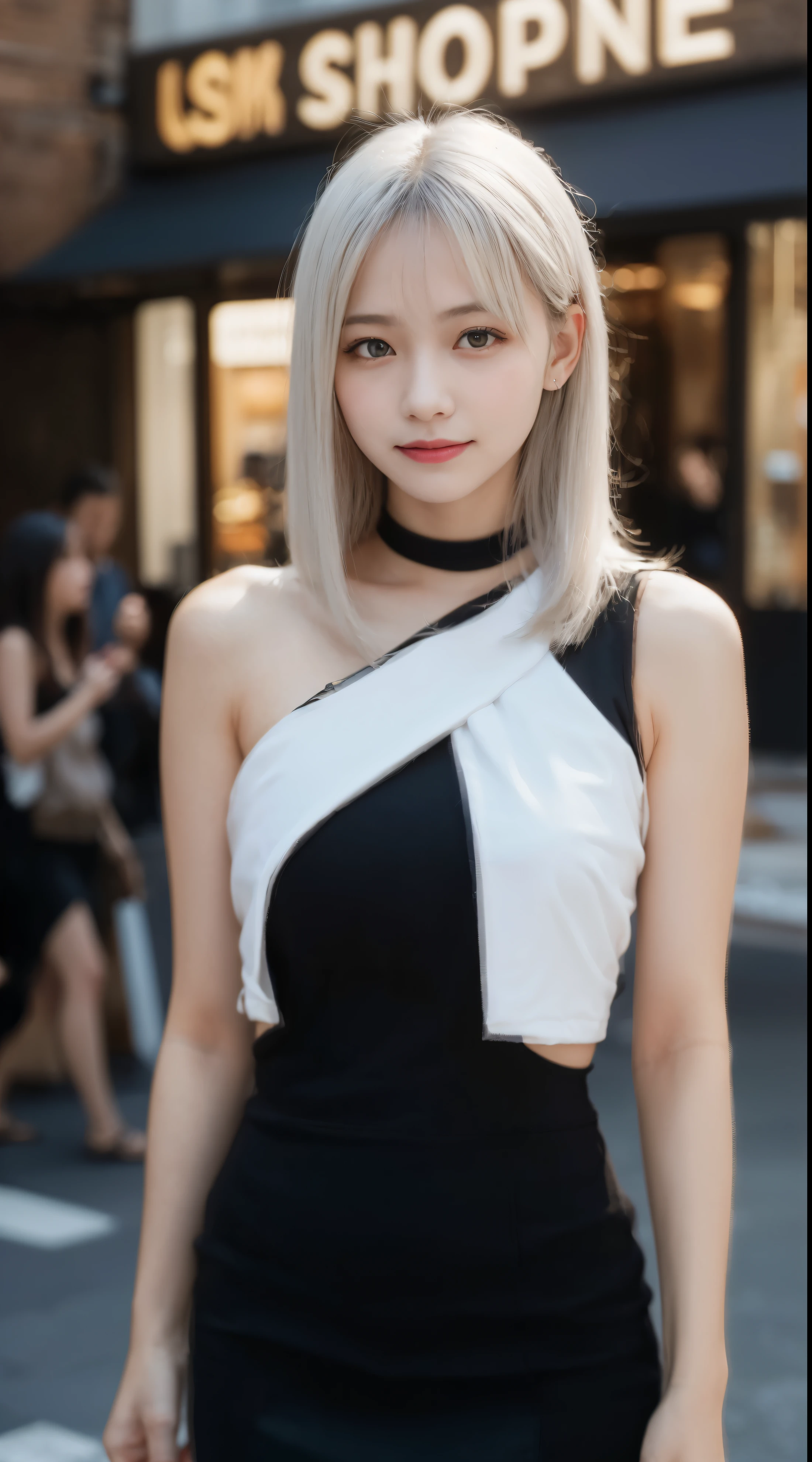 randome pose, mix4, (8K, Raw photography, top-quality, ​masterpiece: 1.45), (realisitic, Photorealsitic: 1.37), 一人のgirl with, cute little, A smile、Cityscape, natta, profetional lighting, cafes,Street,photon maping, Radio City, physically-based renderingt, Gradient black hair, white  hair, Semi-long loose hair,gals,a handsome, girl with, large full breasts,off shoulders, Tight clothes,Onepiece,Tight skirt,top-qualityの, hight resolution, 1080p, (clearface), (Detailed face description), (Detailed hand description), (​masterpiece), 逼真, extreme light and shadows, dishevled hair, ​masterpiece, lush detail, (Fine facial features), (Highest Quality Photos), (​masterpiece), (finely eye), dual、Look in front of you, Fine clavicle,Emphasis on the armpits、Show lower milk