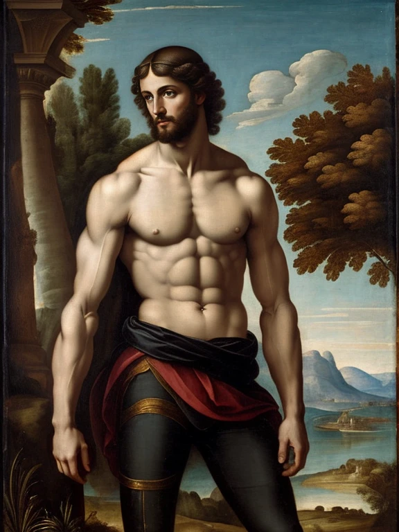 Fresco style, full body, Oil painting, by Raphael, King Leon-idas, male, man, chest, abs, slim waist, ((Black Briefs)) no clothes, (Bulge), (landscape background)), renaissance style, centered, perfect composition, canvas texture, full body