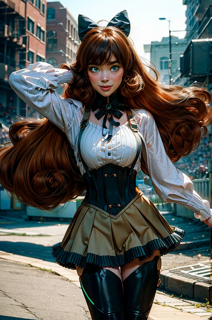 stunning girlfriend, (standing:1.1), dynamic pose, heart shaped face, elegant face, beautiful face, highly detailed face, highly detailed skin, skin pores, subsurface scattering, realistic pupils, loving smile, looking at viewer, full face blush, full lips, detailed background, depth of field, atmospheric perspective, volumetric lighting, sharp focus, absurdres, realistic proportions, good anatomy, (realistic, hyperrealistic:1.4), 16k hdr, pennymk2, green eyes, black bow, (power symbol:1.2), black ribbon, black thighhighs, mechanical legs, smile, long hair, white blouse, suspender skirt, corset, orange hair, 8k wallpaper, in stadium, evening, crowd