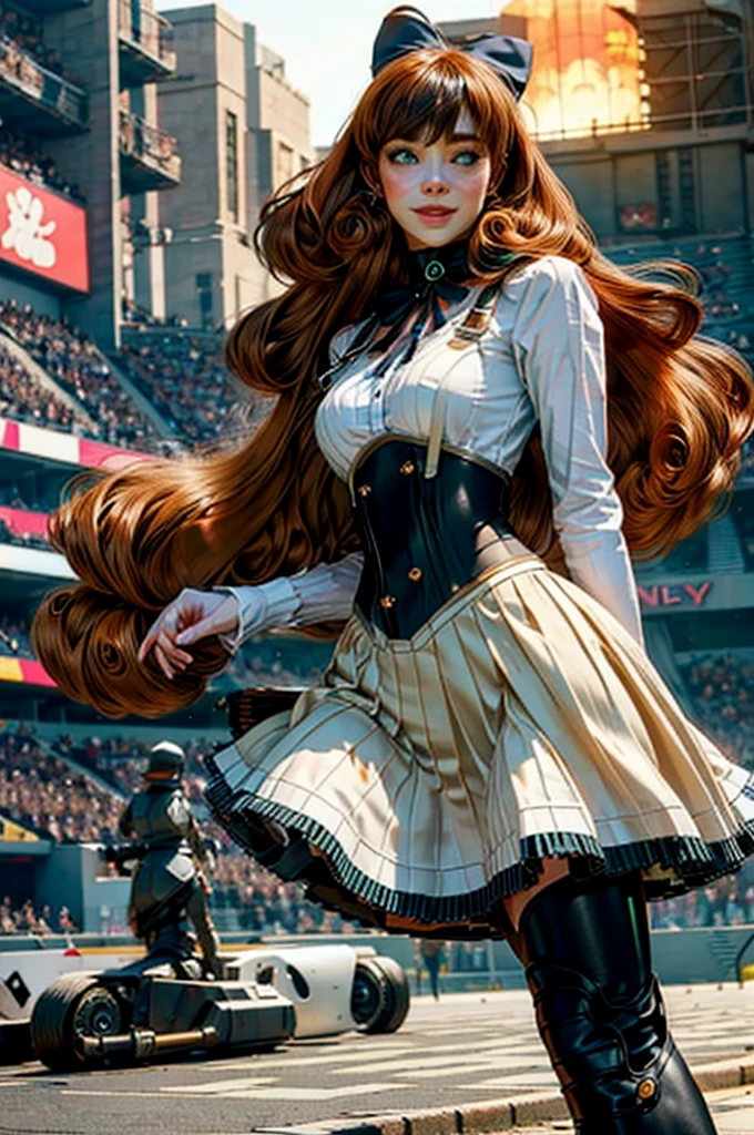 stunning girlfriend, (standing:1.1), dynamic pose, heart shaped face, elegant face, beautiful face, highly detailed face, highly detailed skin, skin pores, subsurface scattering, realistic pupils, loving smile, looking at viewer, full face blush, full lips, detailed background, depth of field, atmospheric perspective, volumetric lighting, sharp focus, absurdres, realistic proportions, good anatomy, (realistic, hyperrealistic:1.4), 16k hdr, pennymk2, green eyes, black bow, (power symbol:1.2), black ribbon, black thighhighs, mechanical legs, smile, long hair, white blouse, suspender skirt, corset, orange hair, 8k wallpaper, in stadium, evening, crowd