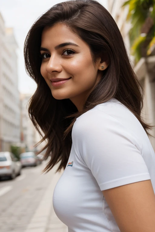mulher latina, 25 anos, Profile position, Alegre, fundo branco, medium brown hair