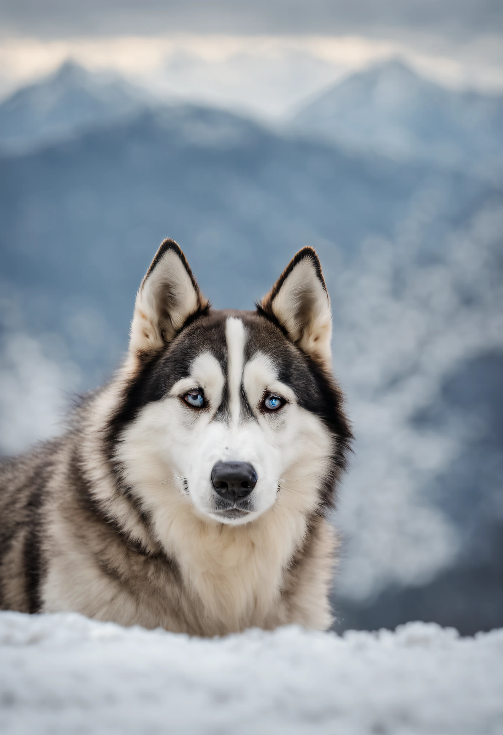 (((masterpiece))),(((best quality))),((ultra-detailed)),tatry , mountain, lato, 4k, NIKON AF-S Nikkor 200-500 mm f/5.6E ED VR, biały pies, pies rasy husky na pastwisku