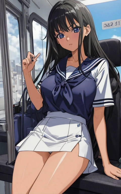 A beautiful woman with long black hair, big breasts, beautiful legs, and a sharp face is standing in a sailor suit with a white miniskirt, the skirt of which is rolled up to reveal light blue and blue striped panties, glaring at a middle-aged office worker on the bus.。