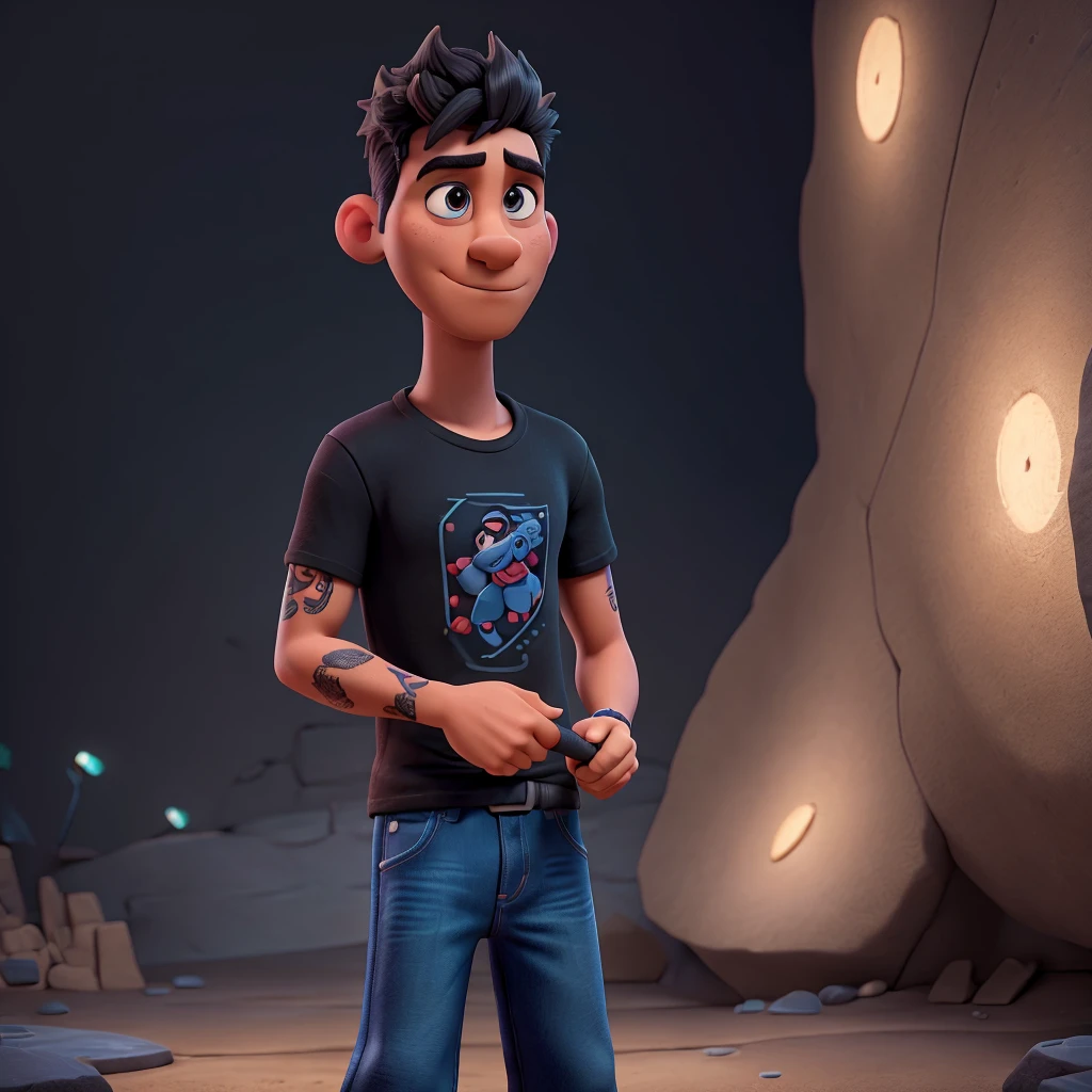 Rock drummer holds drumsticks in his right hand, wearing indigo blue jeans, "wears a black round-neck t-shirt", no print, arms crossed posing for a photo and with a tribal tattoo on his right forearm (filling it completely), man, tall medium, dark skin, black hair and brown eyes, Background all Matte Black (pixar style) (masterpiece: 1.2) (bokeh) (best quality) (detailed skin) (detailed texture) (8k) (claymation) ( cinematic lighting) (sharp focus)