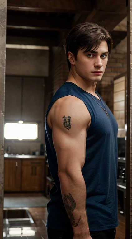 Harry Potter, 17 years old, military haircut, dark hair, intense blue eyes, intense gaze, affiliated features, no facial hair, height 1.93, weight 90 kg, muscular and corpulent build, broad shoulders, V-shaped body, sleeves tattoos, full body focus, completely hairless,