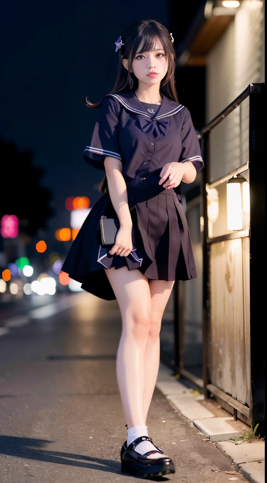(8k, RAW photo, best quality, masterpiece:1.3),(realistic,photo-realistic:1.37),(night),(looking at viewer:1.331),(white hair),posing,Tokyo street,nightcityscape, cyberpunk city,soft light,1girl,extremely beautiful face,bust,put down hands,Random hairstyle,Random expression,big eyes, ,lower abdomen,(lshort-sleeved JK_sailor),JK_style,(dark blue JK_skirt) ,(bow JK_tie),mix4