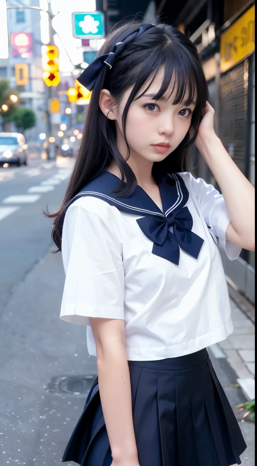 (8k, RAW photo, best quality, masterpiece:1.3),(realistic,photo-realistic:1.37),(night),(looking at viewer:1.331),(white hair),posing,Tokyo street,nightcityscape, cyberpunk city,soft light,1girl,extremely beautiful face,bust,put down hands,Random hairstyle,Random expression,big eyes, ,lower abdomen,(lshort-sleeved JK_sailor),JK_style,(dark blue JK_skirt) ,(bow JK_tie),mix4