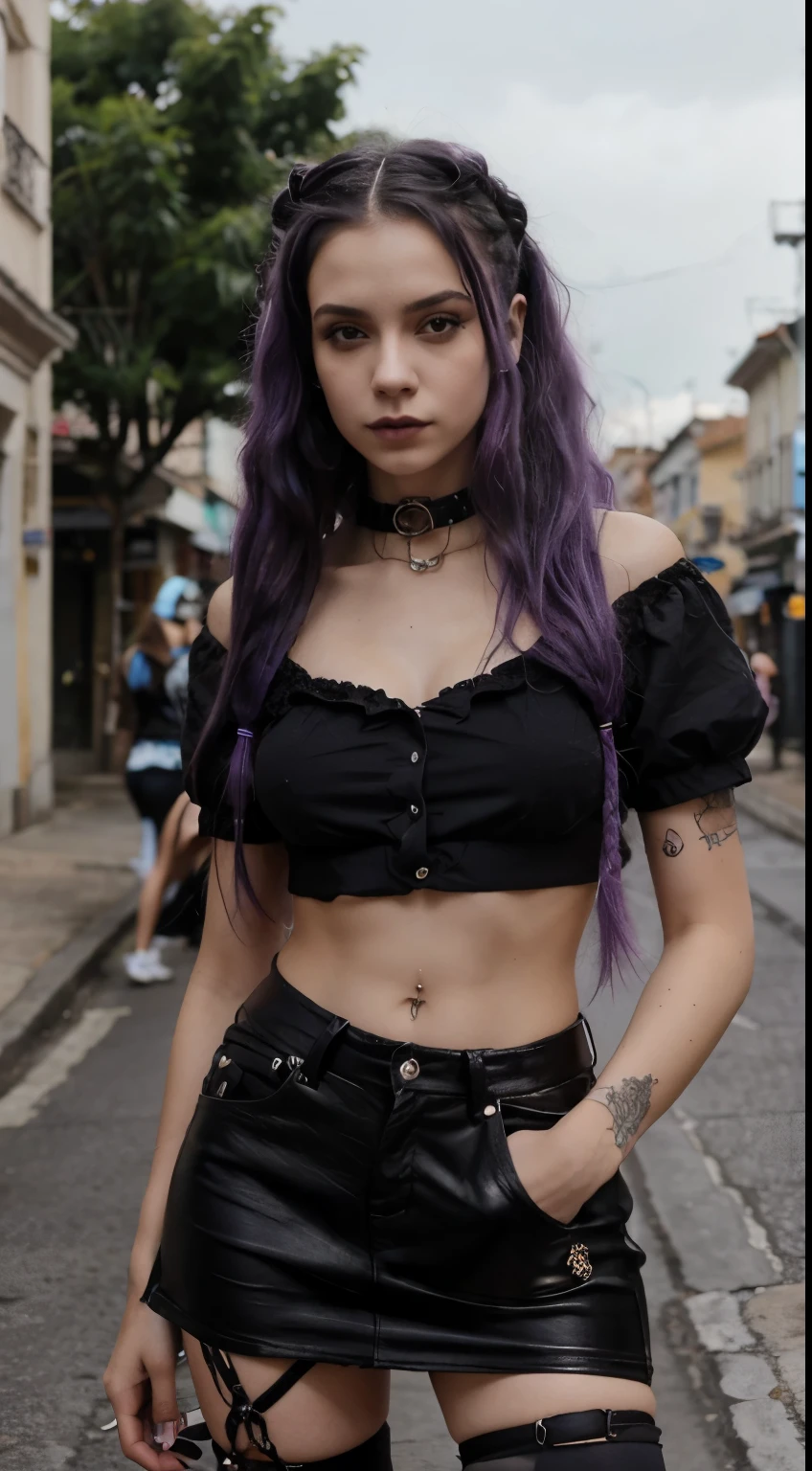 bonita, menina, 22 anos, Cabelo absurdamente longos, cabelo pintado todo de roxo, goth woman, com roupas estilo de rock, usando luvas pretas, andando na cidade, apaixonada, realista