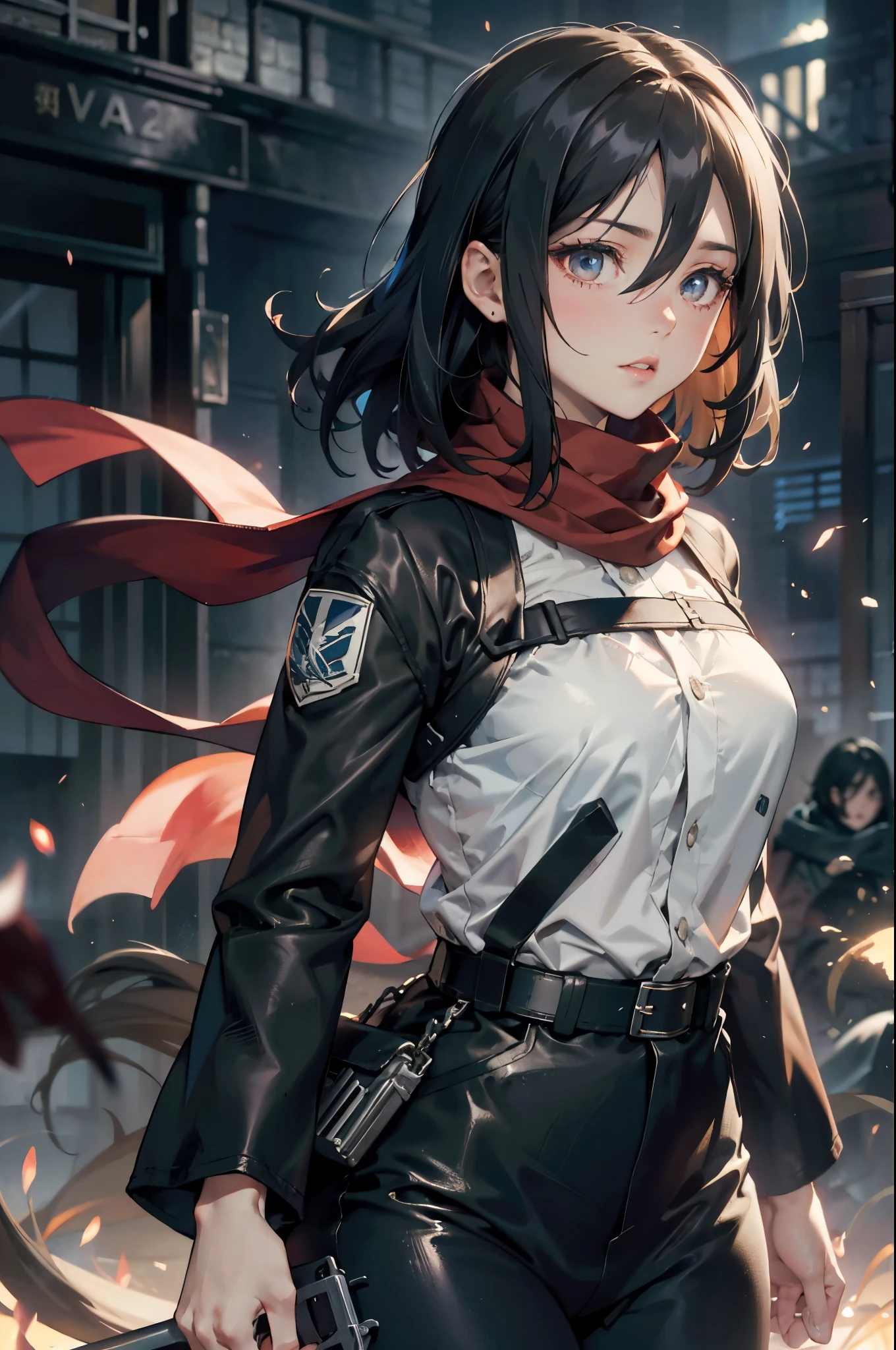 a 20 yo woman、brunette head hair、贝瑞short detailed hair、Dark theme、mute、pastelcolor、hight contrast、(Natural skin texture、hyper realisitc、softlighting、Sharp)、Ott style、Attack on Titan、Ackerman Mikasa、1 girl、Three-dimensional mobile device、arm belt、By bangs、A brunette one、black long dress、cow boy shot、ember、Ford&#39;s eyes、greybackground、Burnt fields background、hairs between eyes、harness、longer sleeves、looking at viewert、middlebreast、、red scarf、围巾、The shirt、short detailed hair、Voldemort、独奏、thigh band、Brown jacket、白The shirt、investigation team\(insignia\)、((masterpiece))、quality、Fighting posture, Skysky,