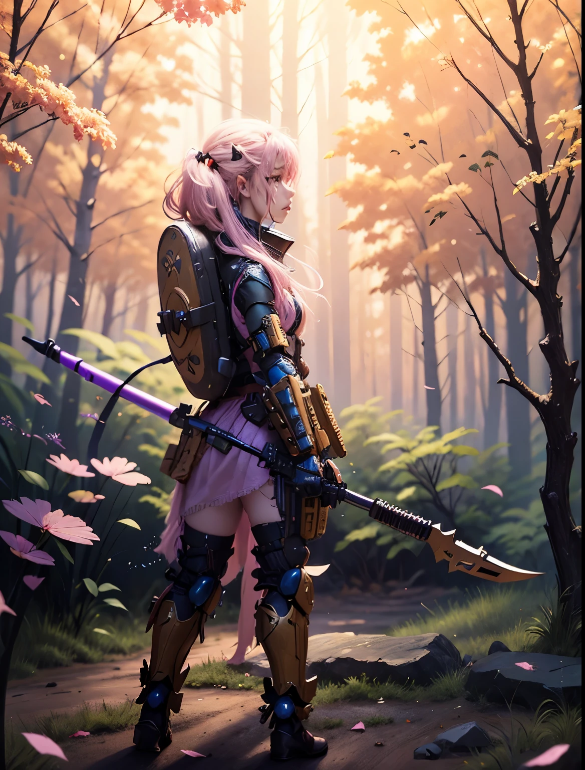 A pink haired Tuff Warrior Fairy Female, 2 extremely large violet elegant fairy wings, wearing a pink tutu and panties, and combat fatigues and tan pink black and gold colored marine miliary armor, forest village dystopian word at war, fairy fighting like mad with machine guns in hand to restore order 24k resolution, hyperdetailed photorealistic, sci-fi impressionist art style