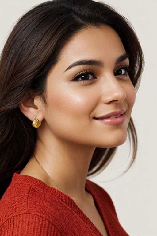 A cheerful 25-year-old Latina woman with medium brown hair is depicted in a profile position against a white background. The artwork is created using a combination of illustration and photography techniques, resulting in a high-resolution, ultra-detailed, and photorealistic image. The woman's expressive eyes and detailed lips are emphasized to capture her beauty. The lighting in the artwork is carefully crafted to enhance the overall composition, with a focus on sharpness and vivid colors. The artwork reflects a portrait style, highlighting the subject's lively and joyful personality. The color palette leans toward warm tones, bringing warmth and radiance to the image.