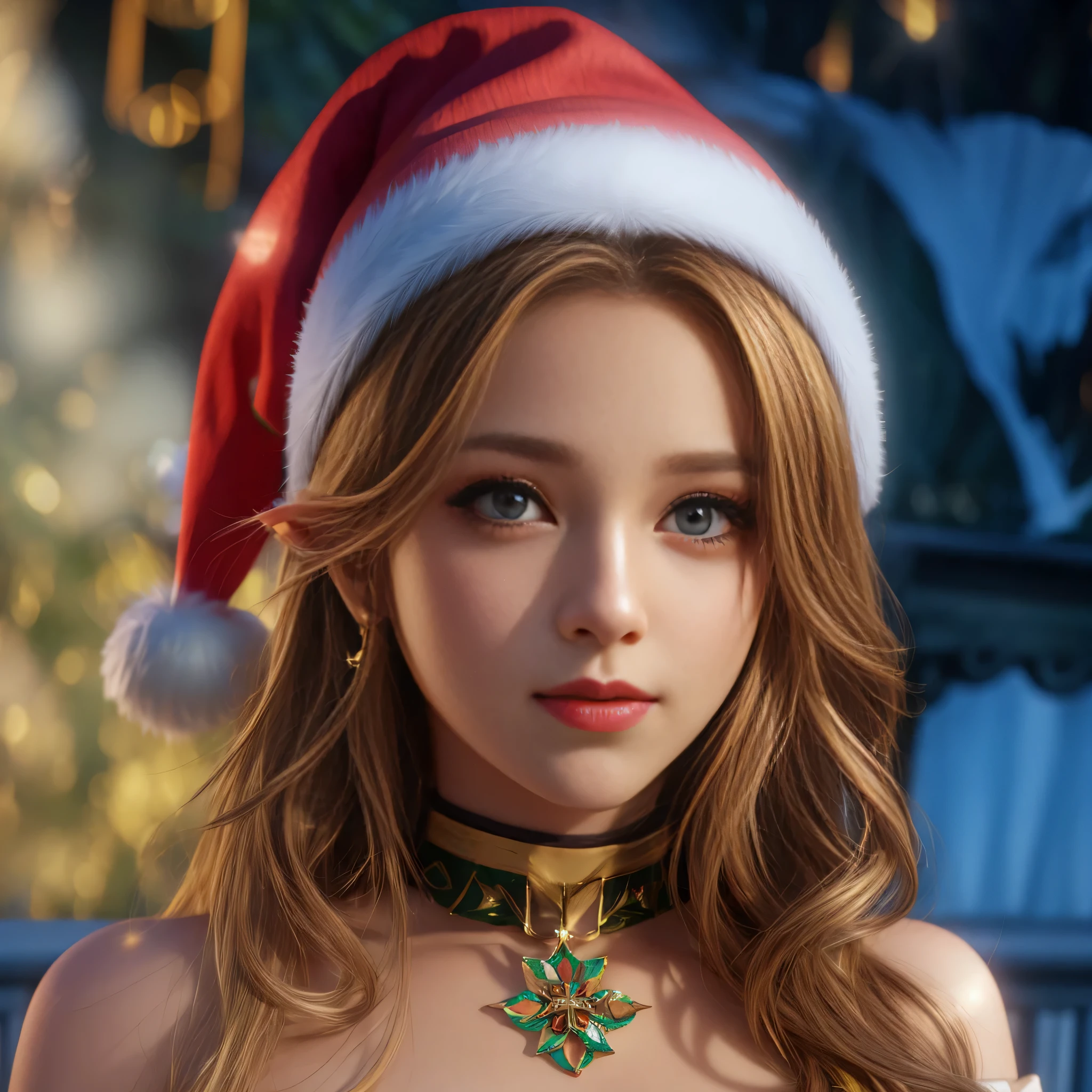 There is a woman wearing a Santa hat and a necklace., Elf girl, Karol behind UHD,  Elf girl, 8K Artgerm Bokeh, Noche de Navidad, Adorno joyado sobre la frente, 8k)), Arte digital realista 4K, Arte digital realista 4K, Arte detallado de alta calidad 8K, Un retrato de un elfo, 2 d cg