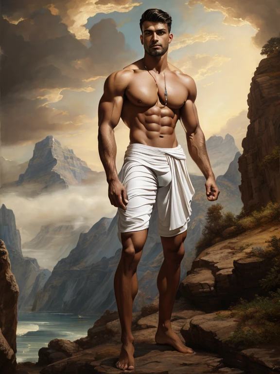 Fresco style, full body, Oil painting, by Raphael, by J.C. Leyendecker, King Leon-idas, male, man, chest, abs, slim waist, ((white Briefs)) no clothes, (Bulge), (landscape background)), renaissance style, centered, perfect composition, canvas texture, full body