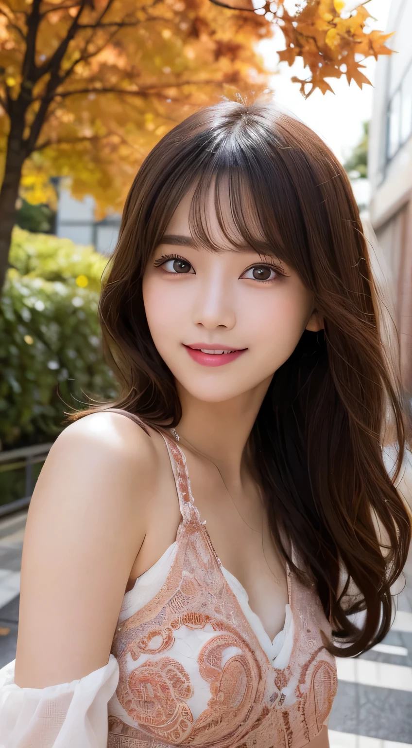 masutepiece, Best Quality, Illustration, Ultra-detailed, finely detail, hight resolution, 8K Wallpaper, Perfect dynamic composition, Beautiful detailed eyes, Autumn Women's Fashion,waved hair,small tits、Natural Color Lip, Bold sexy poses,Smile,Harajuku、20 years girl、Cute、Sexy shot looking at camera