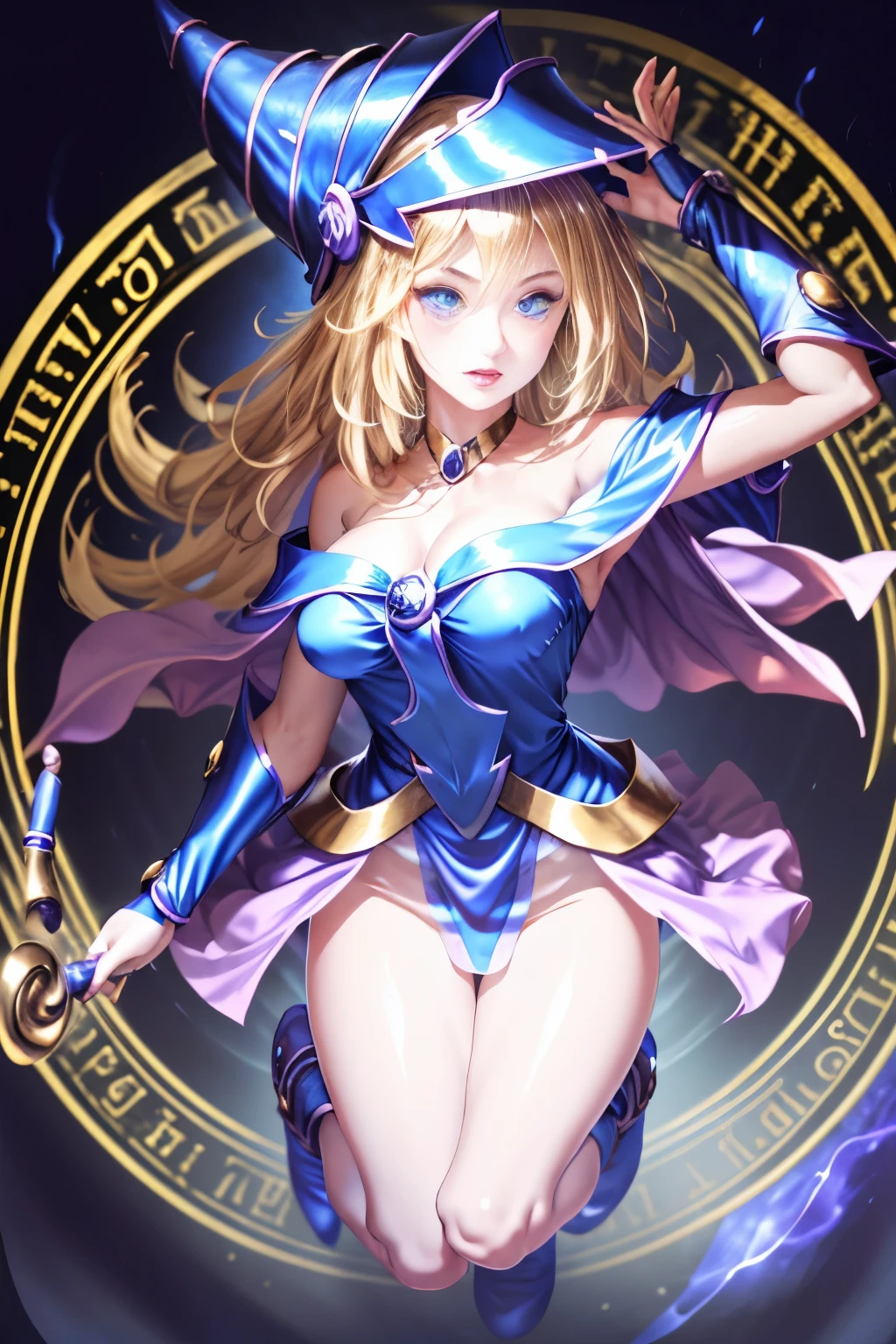 ultra-detailed, extremely detailed, masterpiece, highest quality, best quality, absurdres, highres, dark magician girl, (1girl:1.2), solo, detailed face, dynamic pose, hair flow, (full body:1.1), blonde hair, long hair, looking at viewer, green eyes, skindentation, detailed skin, skin pores, (shiny skin, glossy skin:1.1), rosy skin details, breasts, nail polish, skirt, blue footwear, blue headwear, wizard hat, wand, holding hat, (blue panties:0.9), (summoning circle:1.1), hexagram, pentacle, pentagram, yu-gi-oh!, duel monster, purple magic field, glow, detailed background, intricate background,