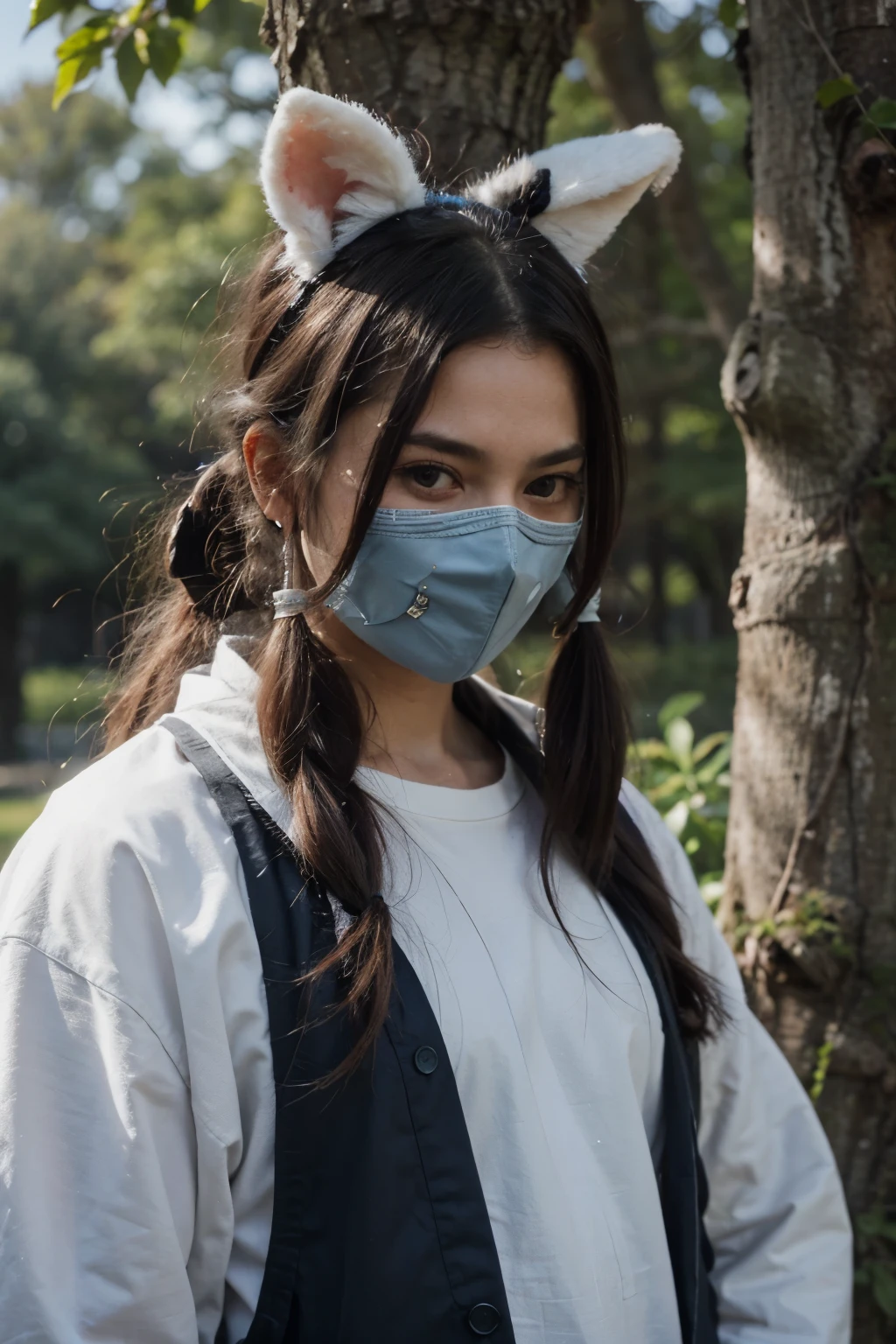 A man standing in the tree, skin a dark bronze, long grey hair tied up in a ponytail, with half a blue and white kitsune mask, and bell attached to the ear, his arms were folded in his different shades of blues, he looked down at the scene infront of him, Animated