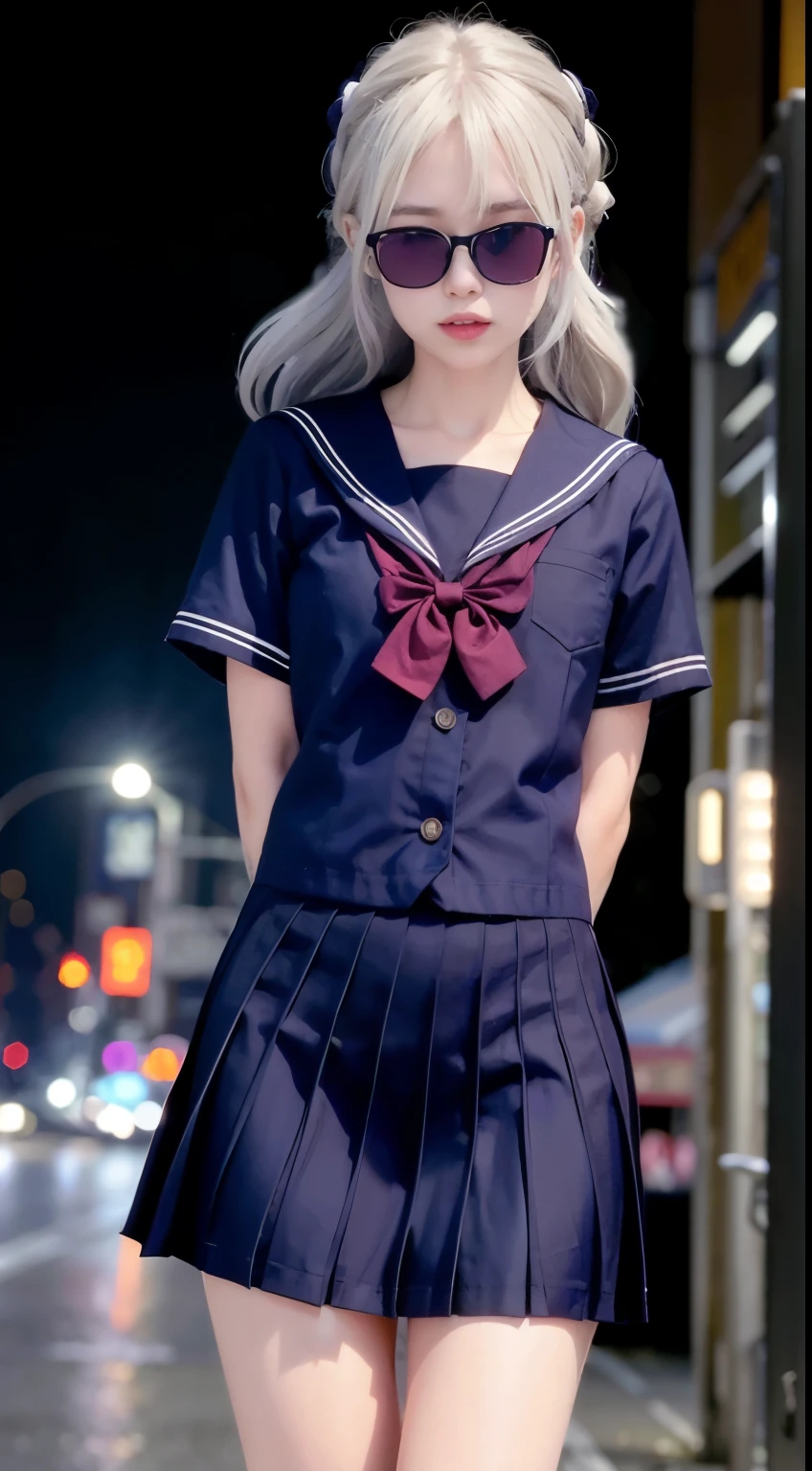 (8k, RAW photo, best quality, masterpiece:1.3),(realistic,photo-realistic:1.37),(night),(looking at viewer:1.331),(white hair),posing,Tokyo street,nightcityscape, cyberpunk city,soft light,1girl,extremely beautiful face,bust,put down hands,Random hairstyle,Random expression,big eyes, ,lower abdomen,(lshort-sleeved JK_sailor),JK_style,(dark blue JK_skirt) ,(bow JK_tie),mix4
