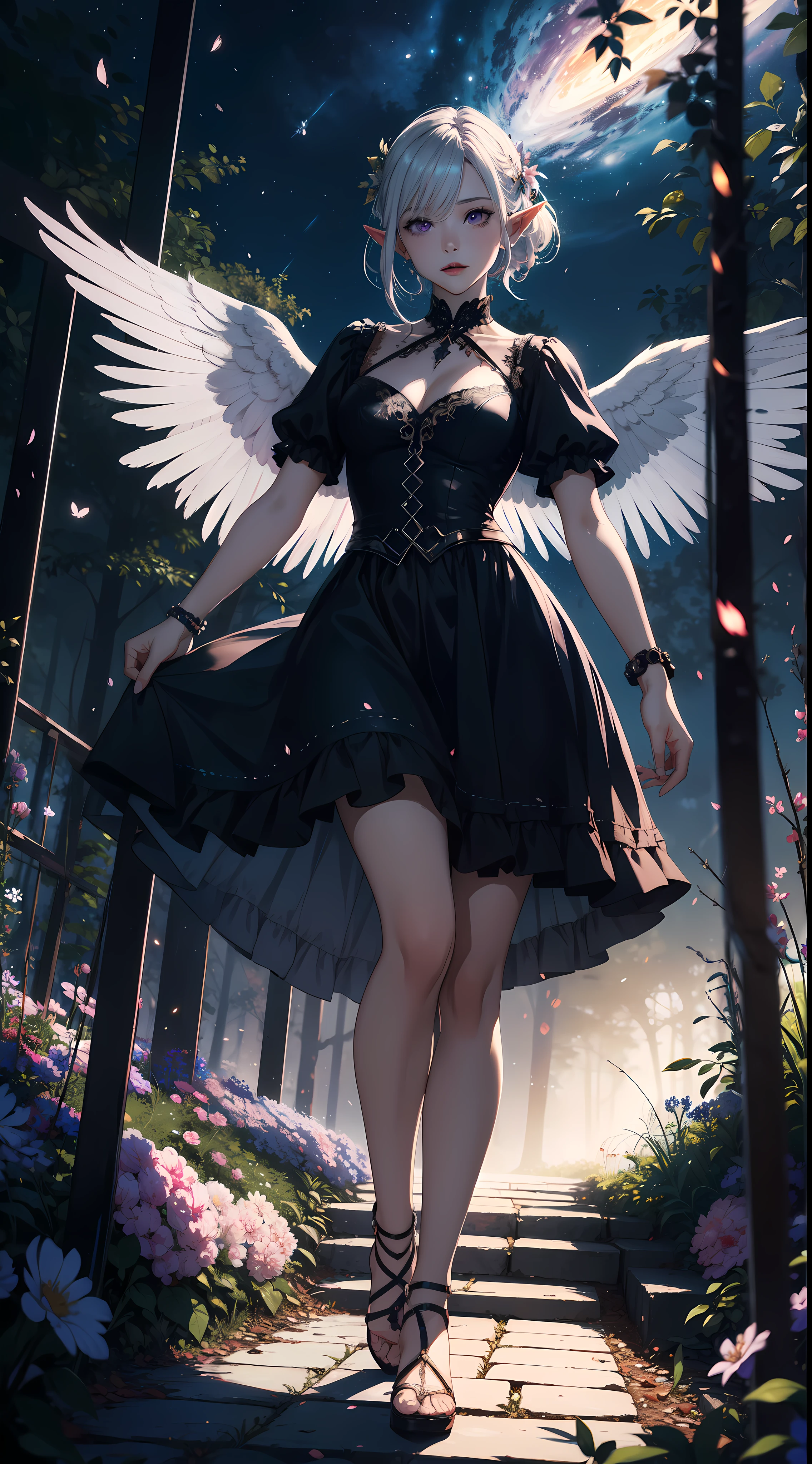 ((masterpiece, best quality)), official art, unity 8k wallpaper, ultra detailed, In a realm of enchantment, within a magical forest, A mysterious angel elf girl appears, a radiant being adorned in gossamer threads of moonlight. Her skirt, woven from petals and stardust, shimmers with an iridescent glow, reflecting the celestial canopy above. Flowering trees々As she flutters her wings in the midst of sparkling fireflies, the air resonates with the ethereal symphony of nature's whispers, Creating a place where dreams and reality are intertwined，Dances that form pure charm，Mo size，Full body photo，中景 the scene is the most beautiful form of chaos, elegant, a brutalist designed, vivid colours, romanticism, by Artgerm, Wadim kashin, Kawacy, BREAK, highly detailed of (elf), (1girl), perfect face,details eye, short hair, low ponytail, Blunt bangs, (hair between eye), white hair, violet eyes, BREAK, eyelashes, eyeshadow, pink eyeshadow,