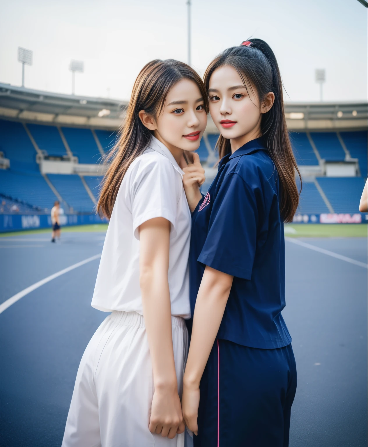 (bestquality,10,10,highres,masterpiece:1.2),ultra-detail,(Realistic,ภาพRealistic,photo-realistic:1.37),1 Cute girl in the football field,oily shiny skin,bara,light smile,BDclothelue shirt:1.3)),short sleeves,shirt, trousers.,(navy_long_ติดตามtrousers:1.1), ((Stadium Background:1.3)),dynamic angle,excited,face focus,Dynamic Poses,from behide,Ass Focus,masterpiece, bestquality, ultra realistic, hyper-detail, 8k resolution, RAW photo, crisp focus, ((Navy blue shirt:1.1)), short sleeves, เส้นทางlong, Complete bodyแบบ, 2 mature women, 18yo, cinematic light,trousersวอร์มสีน้ําเงิน,Gymware,Correct anatomy,Complete body, Correct body, sharp face, Correct bodyทางกายวิภาค, full entire body, Realistic gestures, long-haired, Realistic poses,Wear long shorts..............................................,ช่วงขาlong,Shapely,Sculpting Girl, Slender Figure, mannequin mannequins, Shapely, Beautiful body,trousersวอร์มสีน้ําเงิน, Two girls kissing