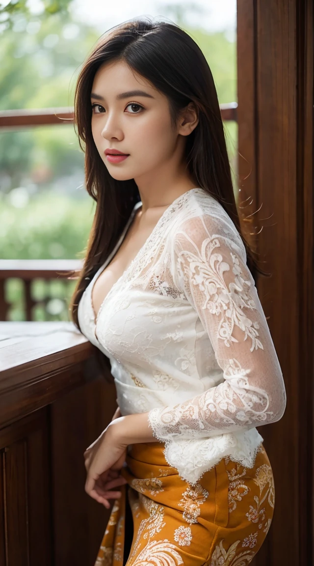 1 Indonesian-Dutch girl, 20 years old, long fashion hair, fit body, small cleavage, skintight white lace kebaya transparan, batik skirt, masterpiece, highly detailed, ultra hd, 8k, detailed face, bright eyes, perfect eyes, detailed skin texture, detailed lips, sexy lips, perfect hands, dynamic angle, cowboy shot, NSFW nudity, big breast