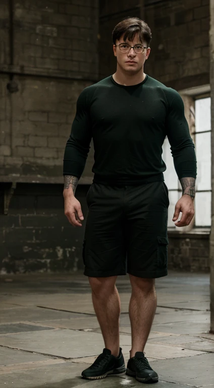 Harry Potter, , military haircut, black hair, intense green eyes fixed, intense gaze, affiliated features, no facial hair, height 1.93, weight 90 kg, muscular and corpulent build, broad shoulders, V-shaped body, sleeves tattoos, full body focus, completely hairless,