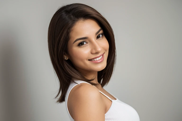 mulher latina, 25 anos, Profile position, Alegre, fundo branco, medium brown hair