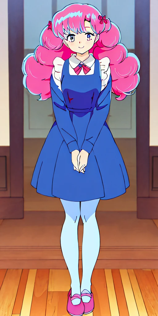 masterpiece, best quality, full body standing straight symmetrical, UruRan, 1girl, dress, smirking smile, looking at viewer, hands on hips, twintails, twin drills, dress, blue pantyhose, striped pantyhose, Handcuffs on their hands, With a collar around the neck