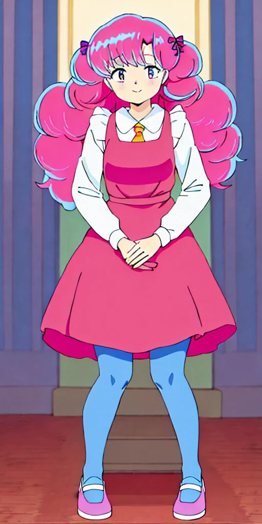masterpiece, best quality, full body standing straight symmetrical, UruRan, 1girl, dress, smirking smile, looking at viewer, hands on hips, twintails, twin drills, dress, blue pantyhose, striped pantyhose, Handcuffs on their hands, With a collar around the neck