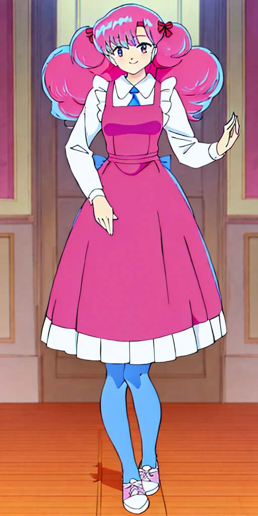 masterpiece, best quality, full body standing straight symmetrical, UruRan, 1girl, dress, smirking smile, looking at viewer, hands on hips, twintails, twin drills, dress, blue pantyhose, striped pantyhose, Handcuffs on their hands, With a collar around the neck