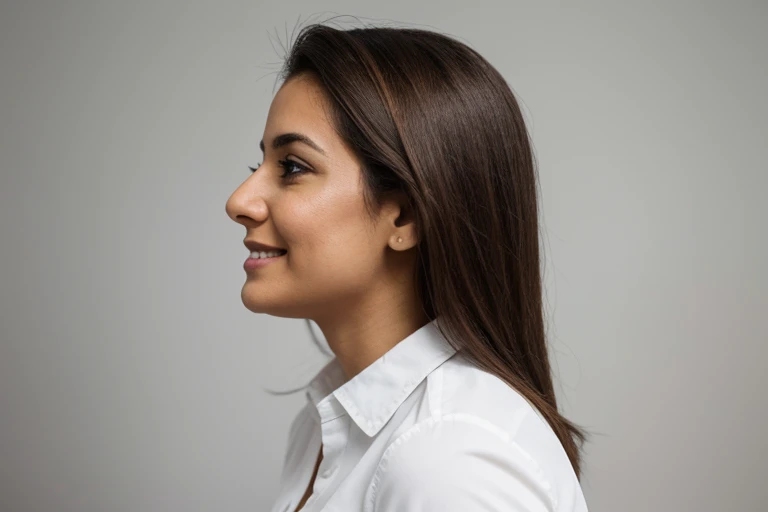 mulher latina, 25 anos, Profile position, Alegre, fundo branco, medium brown hair