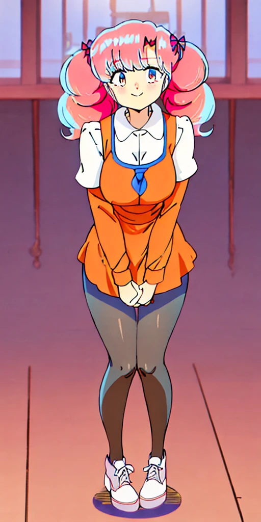 full body standing straight symmetrical, huge boob(masterpiece, best quality:1.2), cowboy shot, solo, 1MILF, mmplatz, smile, looking at viewer, hands on hips, twintails, twin drills, dress, blue pantyhose, striped pantyhose, Handcuffs on their hands, With a collar around the neck