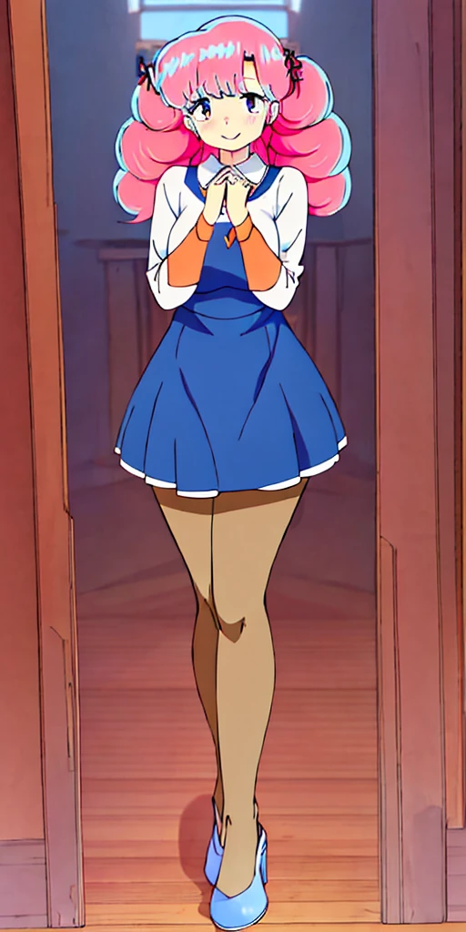 full body standing straight symmetrical, huge boob(masterpiece, best quality:1.2), cowboy shot, solo, 1MILF, mmplatz, smile, looking at viewer, hands on hips, twintails, twin drills, dress, blue pantyhose, striped pantyhose, Handcuffs on their hands, With a collar around the neck