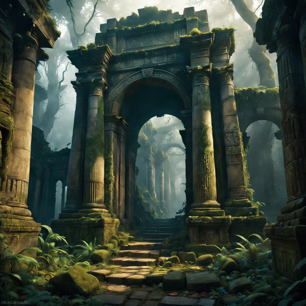 (best quality,4k,8k,highres,masterpiece:1.2),ultra-detailed,(realistic,photorealistic,photo-realistic:1.37),mysterious ancient ruins,illustration,oil painting,foggy atmosphere,dramatic lighting,forgotten relic,ancient civilizations,worn stone carvings,tall towering pillars,overgrown vegetation,ancient symbols and inscriptions,hidden chambers and passages,misty sunlight filtering through,twisted vines and moss-covered walls,crumbling architecture and fallen debris,mythical stories and legends,ancient artifacts and treasures,echoes of the past,serene yet eerie ambiance,dim hues and earthy tones,exquisite brushwork and fine details,arcane knowledge and mysteries waiting to be unraveled