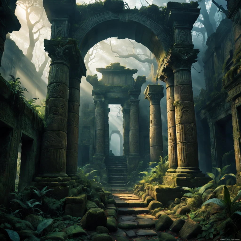 (best quality,4k,8k,highres,masterpiece:1.2),ultra-detailed,(realistic,photorealistic,photo-realistic:1.37),mysterious ancient ruins,illustration,oil painting,foggy atmosphere,dramatic lighting,forgotten relic,ancient civilizations,worn stone carvings,tall towering pillars,overgrown vegetation,ancient symbols and inscriptions,hidden chambers and passages,misty sunlight filtering through,twisted vines and moss-covered walls,crumbling architecture and fallen debris,mythical stories and legends,ancient artifacts and treasures,echoes of the past,serene yet eerie ambiance,dim hues and earthy tones,exquisite brushwork and fine details,arcane knowledge and mysteries waiting to be unraveled