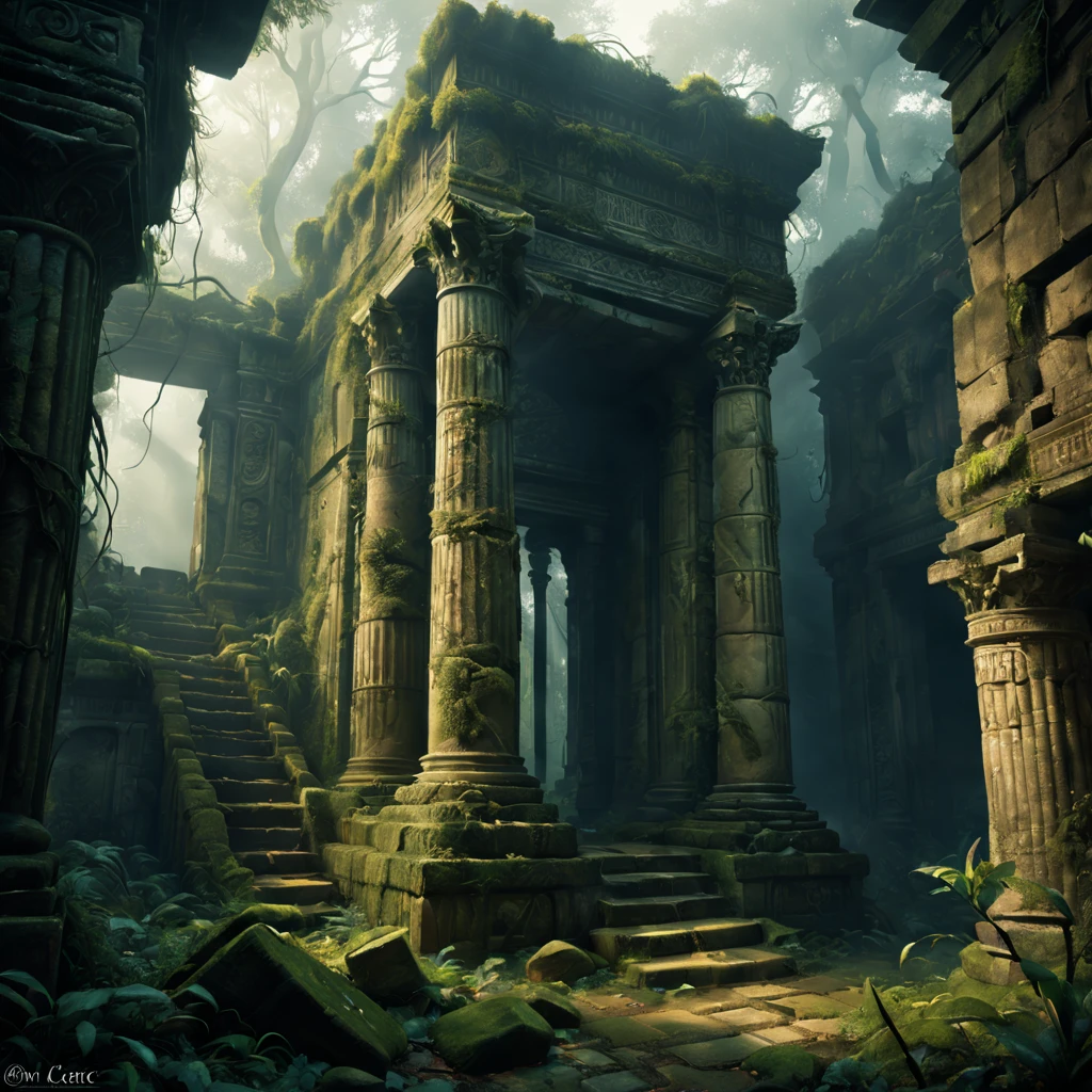 (best quality,4k,8k,highres,masterpiece:1.2),ultra-detailed,(realistic,photorealistic,photo-realistic:1.37),mysterious ancient ruins,illustration,oil painting,foggy atmosphere,dramatic lighting,forgotten relic,ancient civilizations,worn stone carvings,tall towering pillars,overgrown vegetation,ancient symbols and inscriptions,hidden chambers and passages,misty sunlight filtering through,twisted vines and moss-covered walls,crumbling architecture and fallen debris,mythical stories and legends,ancient artifacts and treasures,echoes of the past,serene yet eerie ambiance,dim hues and earthy tones,exquisite brushwork and fine details,arcane knowledge and mysteries waiting to be unraveled