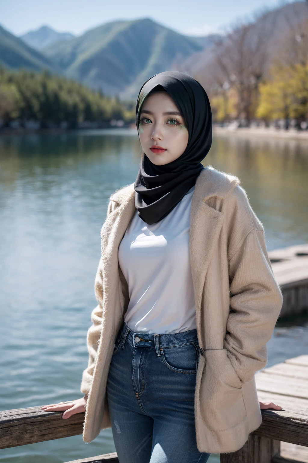 (realistic photos of Hijab Korean female, slightly smile,expressive eyes,eye makeup,lake background,standing posture,confident attitude,Eye-Level Shot, slightly blurry background,UHD,masterpiece:1.2,highres,16k), long Jeans, black, fluffy jacket