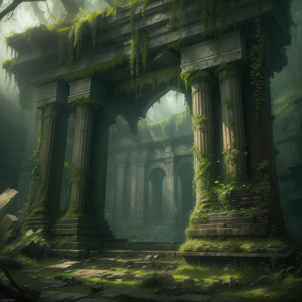 (best quality,4k,8k,highres,masterpiece:1.2),ultra-detailed,(realistic,photorealistic,photo-realistic:1.37),mysterious ancient ruins,illustration,oil painting,foggy atmosphere,dramatic lighting,forgotten relic,ancient civilizations,worn stone carvings,tall towering pillars,overgrown vegetation,ancient symbols and inscriptions,hidden chambers and passages,misty sunlight filtering through,twisted vines and moss-covered walls,crumbling architecture and fallen debris,mythical stories and legends,ancient artifacts and treasures,echoes of the past,serene yet eerie ambiance,dim hues and earthy tones,exquisite brushwork and fine details,arcane knowledge and mysteries waiting to be unraveled