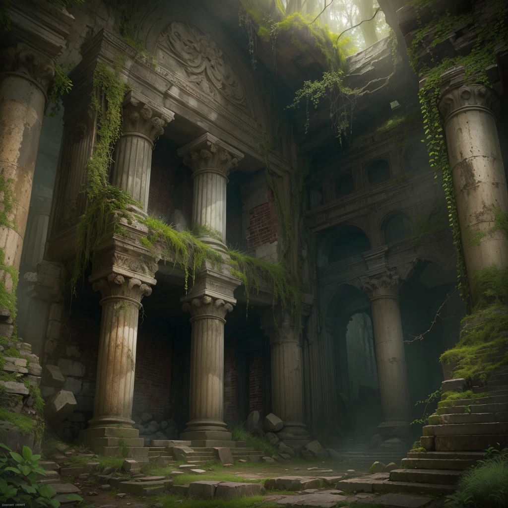(best quality,4k,8k,highres,masterpiece:1.2),ultra-detailed,(realistic,photorealistic,photo-realistic:1.37),mysterious ancient ruins,illustration,oil painting,foggy atmosphere,dramatic lighting,forgotten relic,ancient civilizations,worn stone carvings,tall towering pillars,overgrown vegetation,ancient symbols and inscriptions,hidden chambers and passages,misty sunlight filtering through,twisted vines and moss-covered walls,crumbling architecture and fallen debris,mythical stories and legends,ancient artifacts and treasures,echoes of the past,serene yet eerie ambiance,dim hues and earthy tones,exquisite brushwork and fine details,arcane knowledge and mysteries waiting to be unraveled