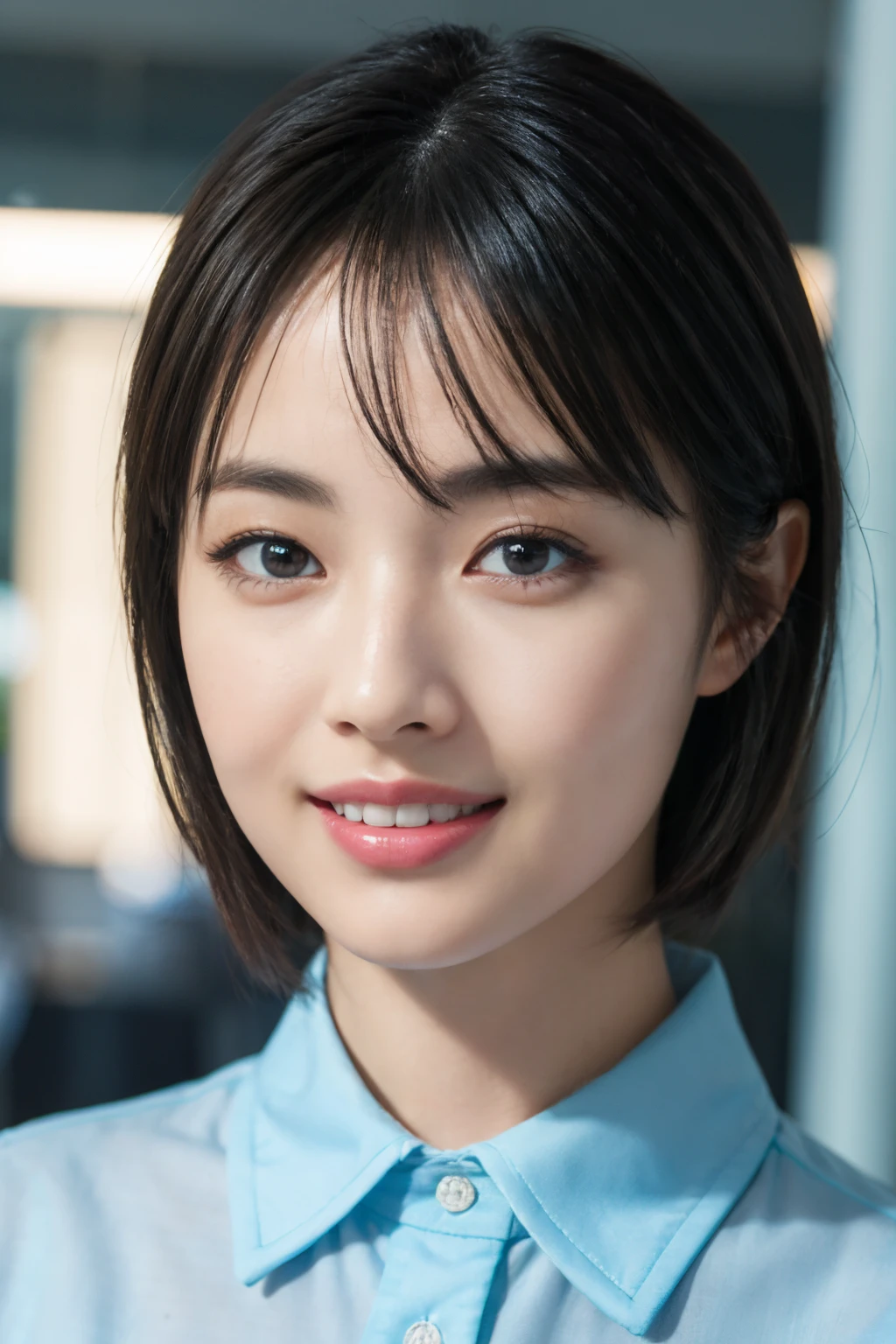 A hyper-realistic、hight resolution、8k wallpaper、ighly detailed、Best Illustration、beautifully detailed eyes、top-quality、ultra-detailliert、masterpiece、A detailed face、独奏、1 girl in、looking at the viewers、A detailed face、in the darkness nigth、A smile、short-hair、straight haired、The upper part of the body、Wearing an office shirt